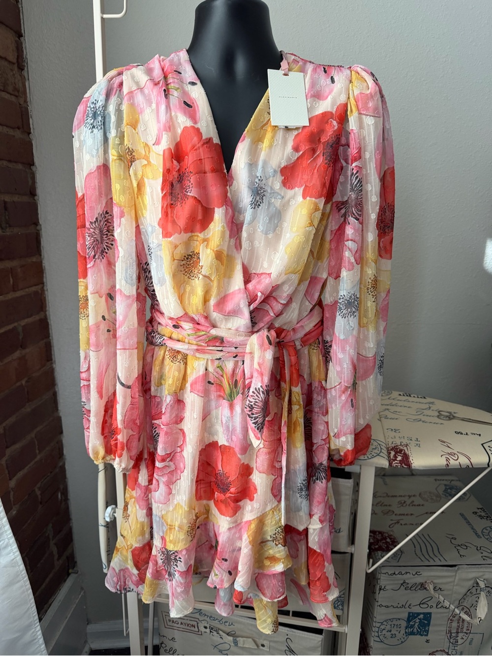 Alex Marie Floral Long-Sleeve Wrap Dress in Pink, Red & Yellow